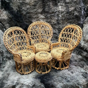 3 Vintage Miniature Wicker Rattan Peacock Chairs and 1 table